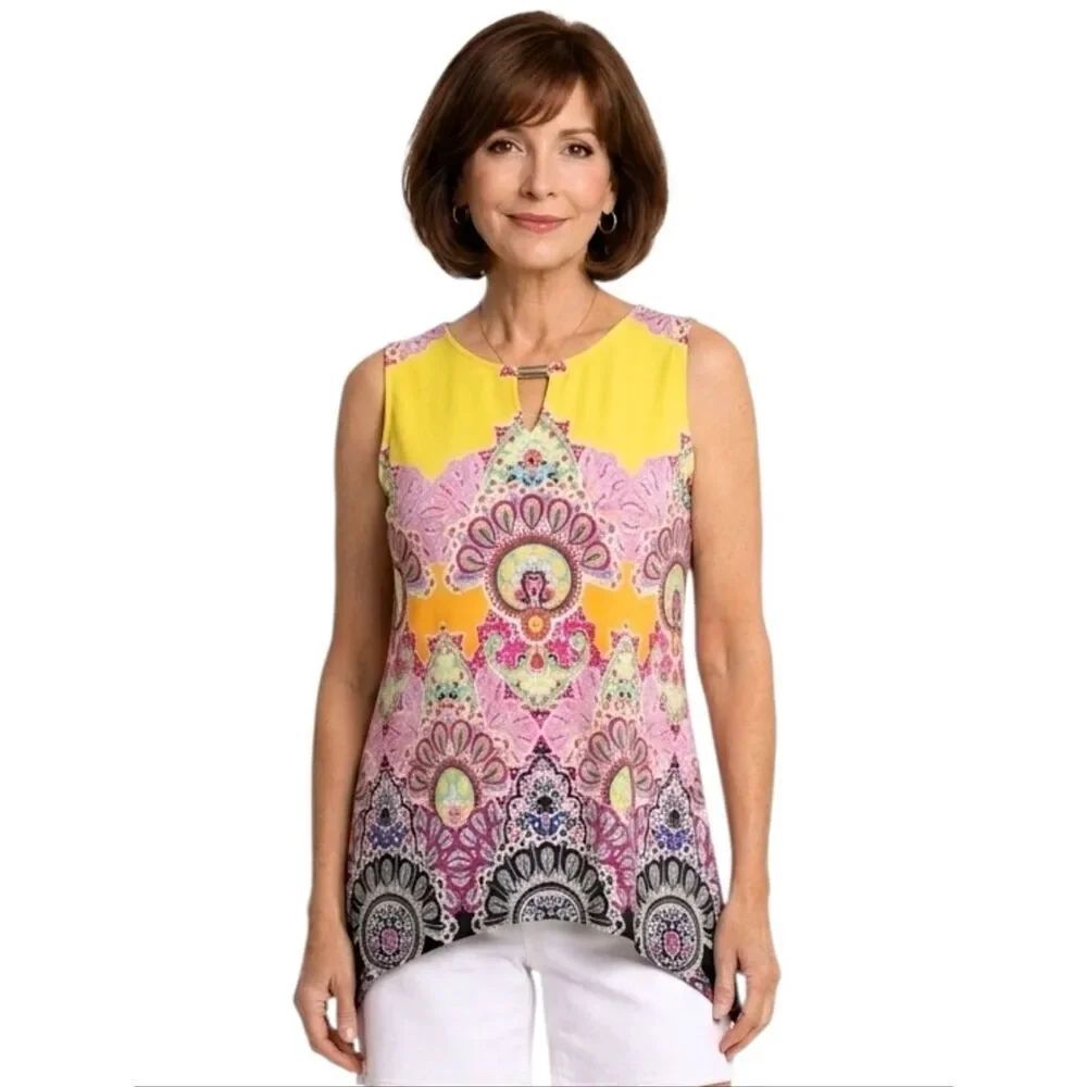 Sunny Leigh Bright Multi Color Keyhole Sleeveless Handkerchief Hem Tunic Top M